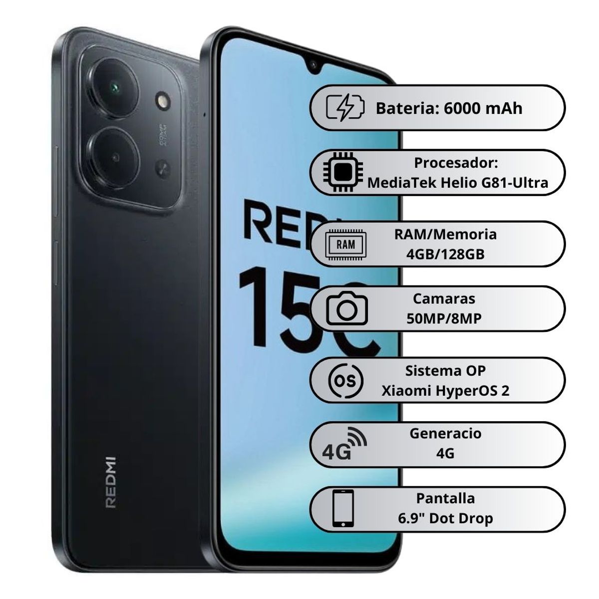 XIAOMI - Celular Xiaomi Redmi 15C 4G 128GB4GB RAM - Negro