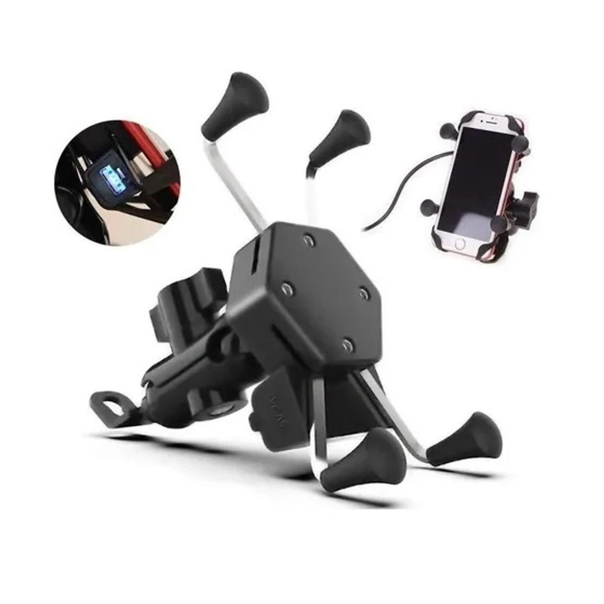 GENERICO - Soporte Celular Moto Tipo Araña Carga Usb Para Espejo