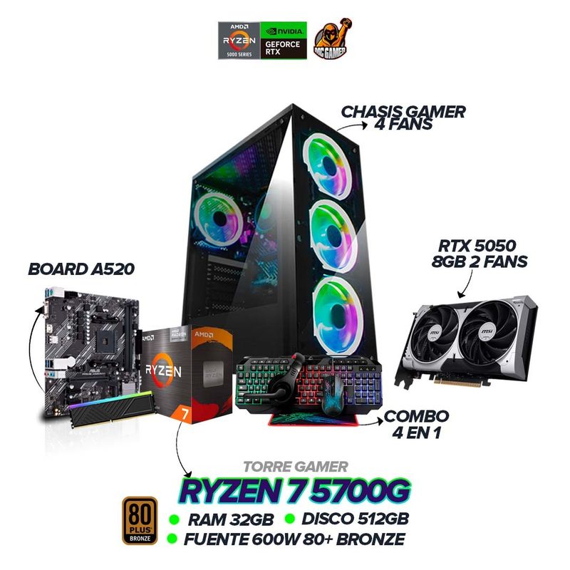 AMD - PC Gamer Ryzen 7 5700G / RTX 5050 8GB / 32GB RAM / 512GB SSD / A520 / 600W 80+