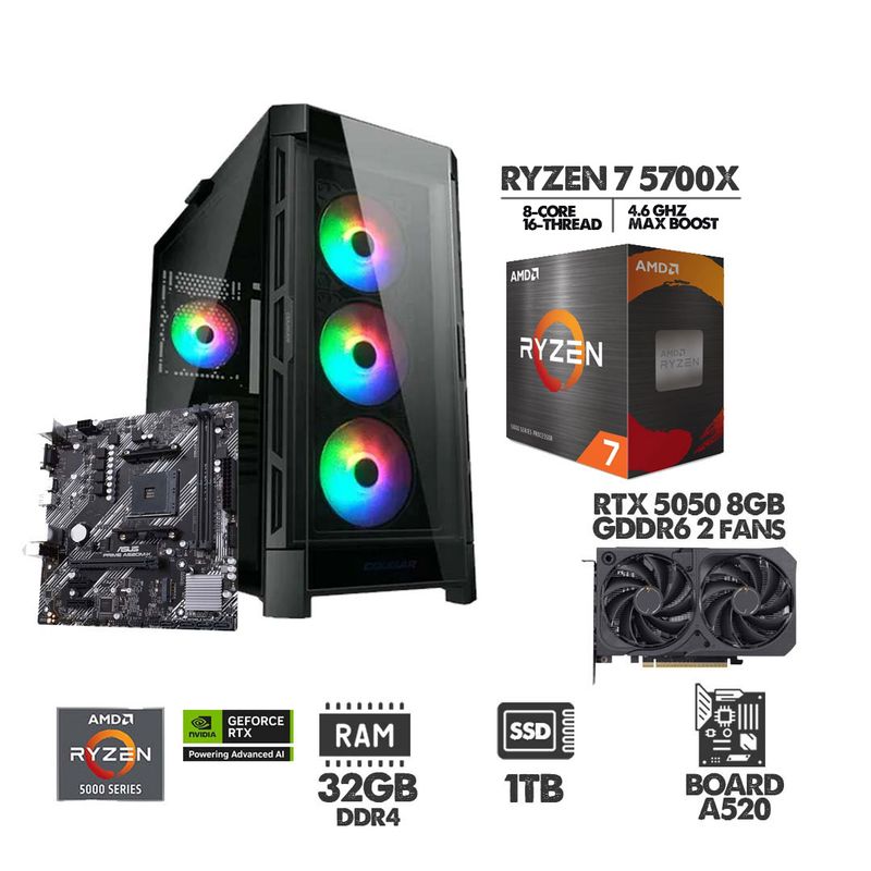 AMD - PC GAMER RYZEN 7 5700X - RTX 5050 8GB - SSD 1TB - 32GB RAM  - CHASIS 4FANS