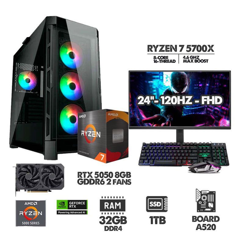 AMD - PC GAMER RYZEN 7 5700X - 32GB RAM - SSD 1TB - RTX 5050 8GB + MONITOR 24 120HZ
