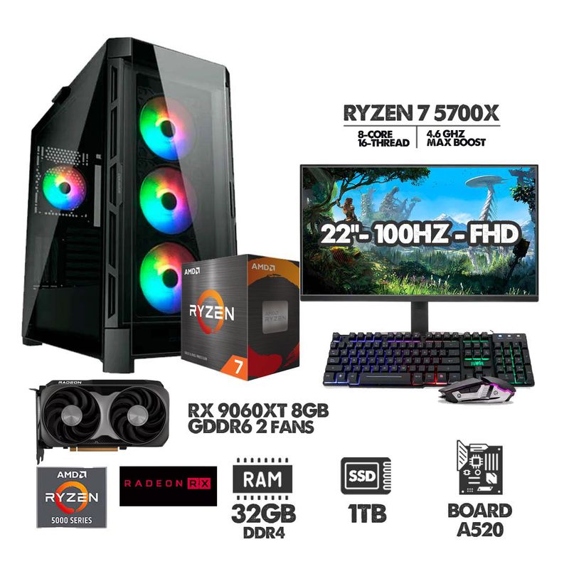 AMD - PC GAMER RYZEN 7 5700X - 32GB RAM - SSD 1TB - RX 9060XT 8GB + MONITOR 22