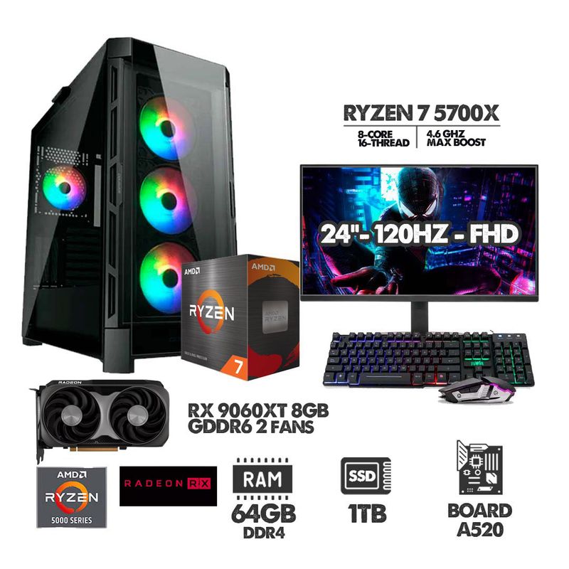 AMD - PC GAMER RYZEN 7 5700X - 64GB RAM - SSD 1TB - RX 9060XT 8GB + MONITOR 24 120HZ
