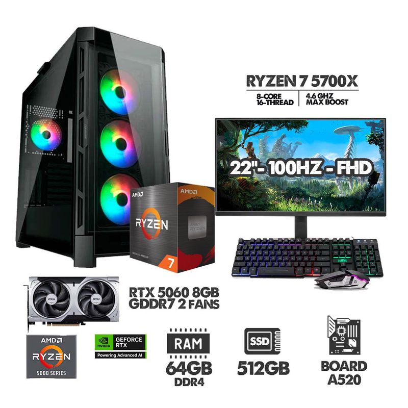 AMD - PC GAMER RYZEN 7 5700X - 64GB RAM - SSD 512GB - RTX 5060 8GB + MONITOR 22