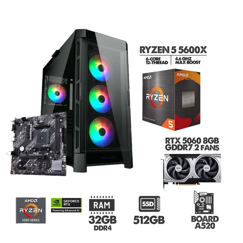 AMD - PC GAMER RYZEN 5 5600X - RTX 5060 8GB - SSD 512GB - 32GB RAM  - CHASIS 4FANS