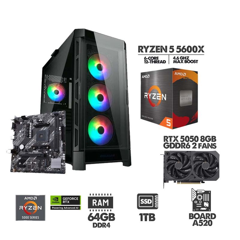 AMD - PC GAMER RYZEN 5 5600X - RTX 5050 8GB - SSD 1TB - 64GB RAM  - CHASIS 4FANS