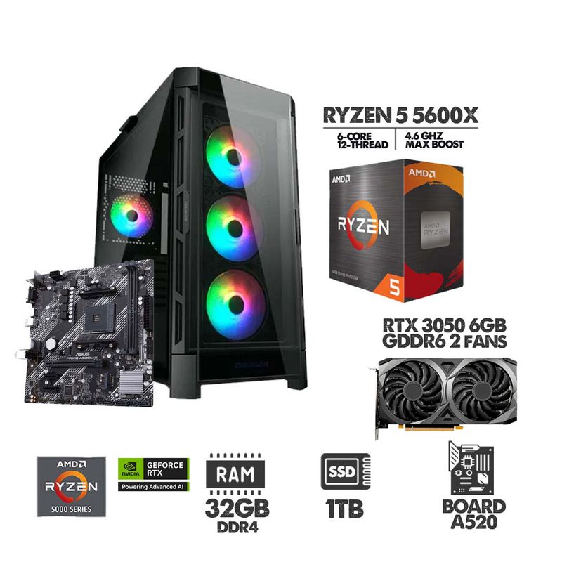 AMD - PC GAMER RYZEN 5 5600X - RTX 3050 6GB - SSD 1TB - 32GB RAM  - CHASIS 4FANS