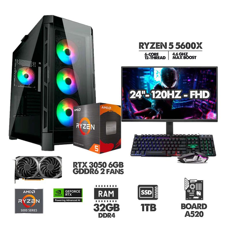 AMD - PC GAMER RYZEN 5 5600X - 32GB RAM - SSD 1TB - RTX 3050 6GB + MONITOR 24 120HZ