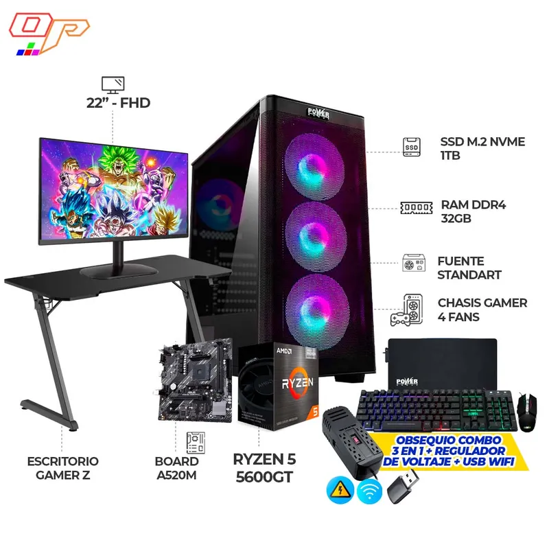 AMD - PC GAMER RYZEN 5 5600GT- MONITOR 22 FHD- RAM 32GB- SSD 1TB- ESCRITORIO+ COMBO