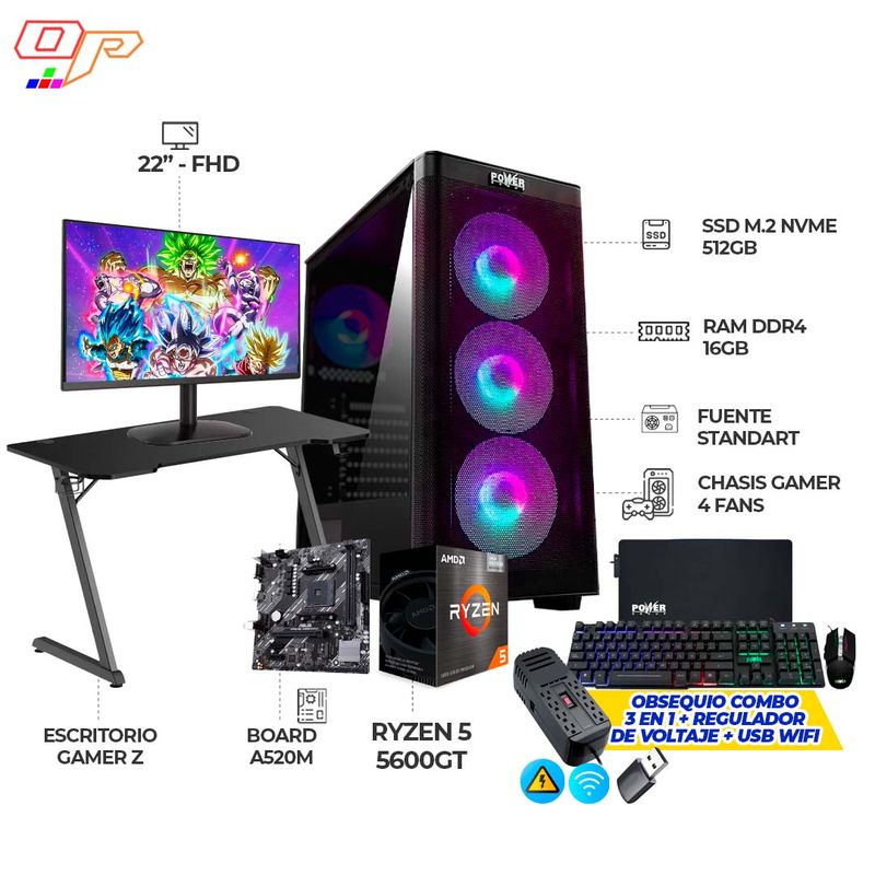AMD - PC GAMER RYZEN 5 5600GT- MONITOR 22 FHD- RAM 16GB- SSD 512GB- ESCRITORIO+ COMBO