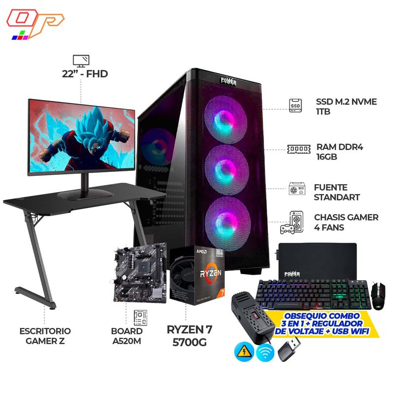 AMD - PC GAMER RYZEN 7 5700G- MONITOR 22 FHD- RAM 16GB- SSD 1TB- ESCRITORIO+ COMBO