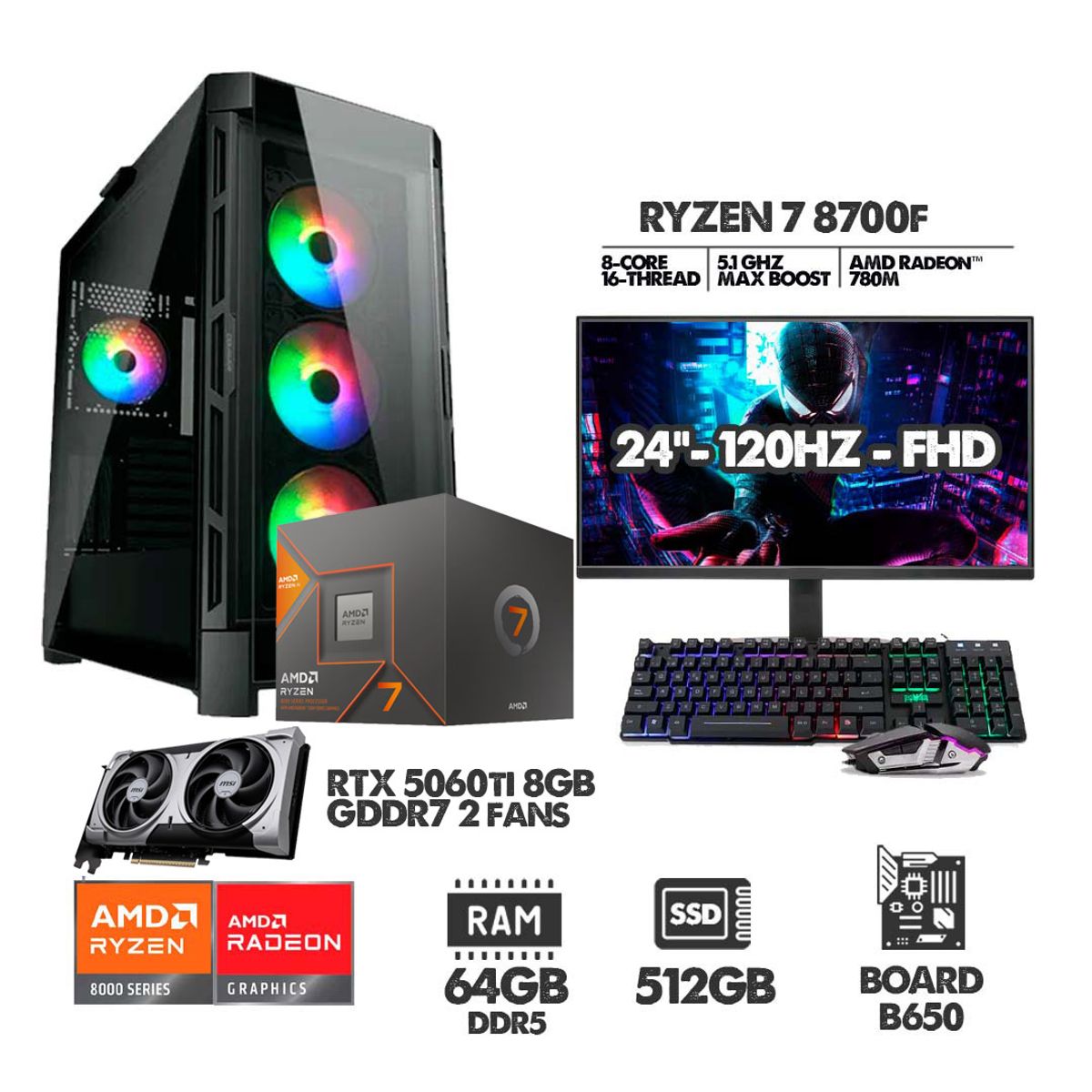 AMD - PC RYZEN 7 8700F - 64GB RAM - SSD 512GB - RTX 5060TI 8GB + MONITOR 24 120HZ