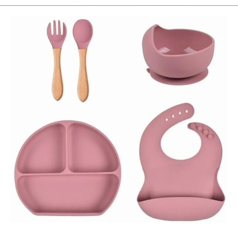 GENERICO - Vajillas para bebe en silicona con cuchara y tenedor rosa
