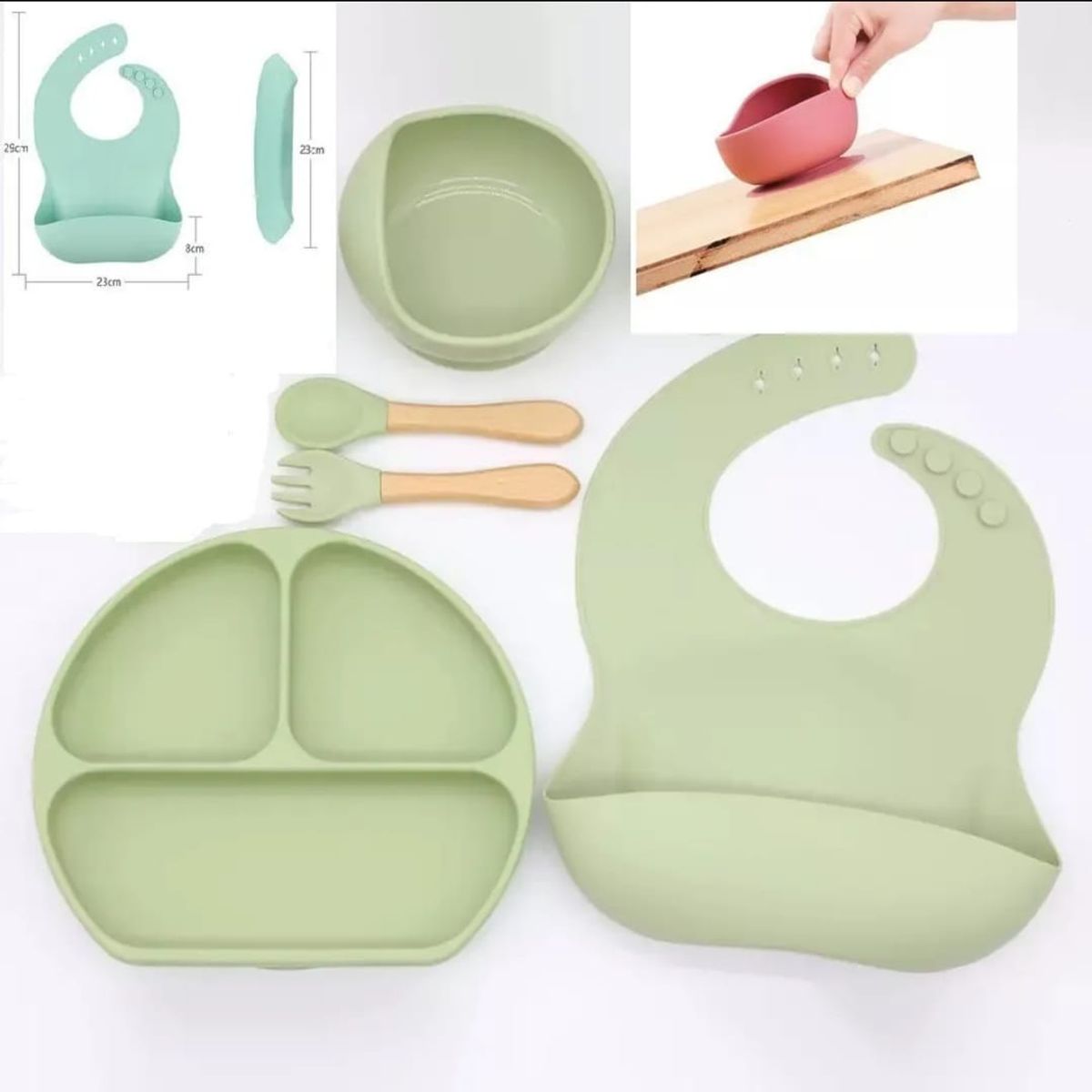 GENERICO - Vajillas para bebe BPA FREE silicona verde cuchara y tenedor