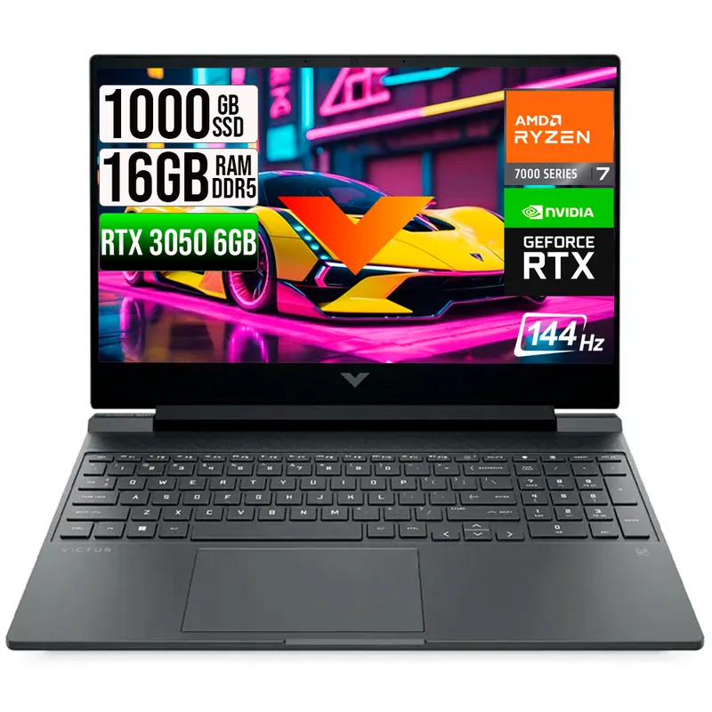 HP - HP VICTUS AMD RYZEN 7-7445HS RTX 3050 6GB SSD 1TB RAM 16GB LED 15,6" FHD 144Hz