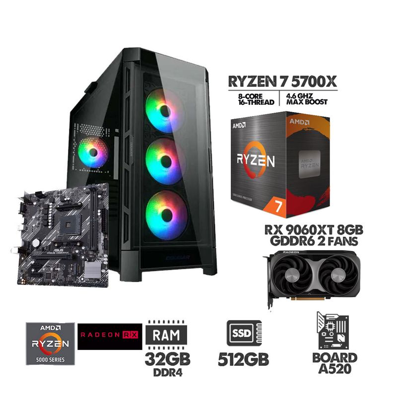 AMD - COMPUTADOR RYZEN 7 5700X - RX 9060XT 8GB - SSD 512GB - 32GB RAM  - CHASIS 4FANS