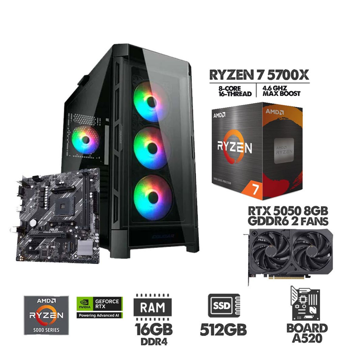 AMD - COMPUTADOR GAMER RYZEN 7 5700X - RTX 5050 8GB - SSD 512GB - 16GB RAM  - CHASIS 4FANS