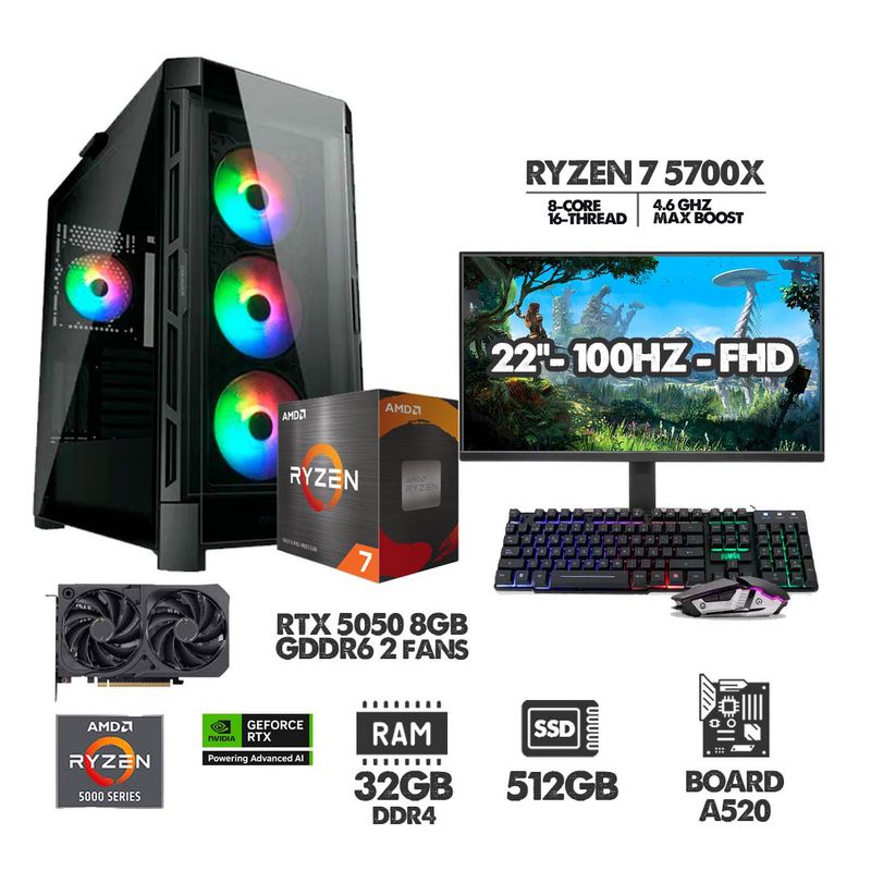 AMD - COMPUTADOR RYZEN 7 5700X - 32GB RAM - SSD 512GB - RTX 5050 8GB + MONITOR 22