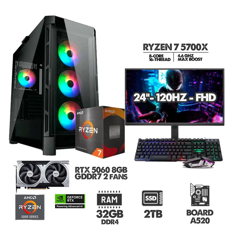 AMD - COMPUTADOR GAMER RYZEN 7 5700X - 32GB RAM - SSD 2TB - RTX 5060 8GB + MONITOR 24 120HZ