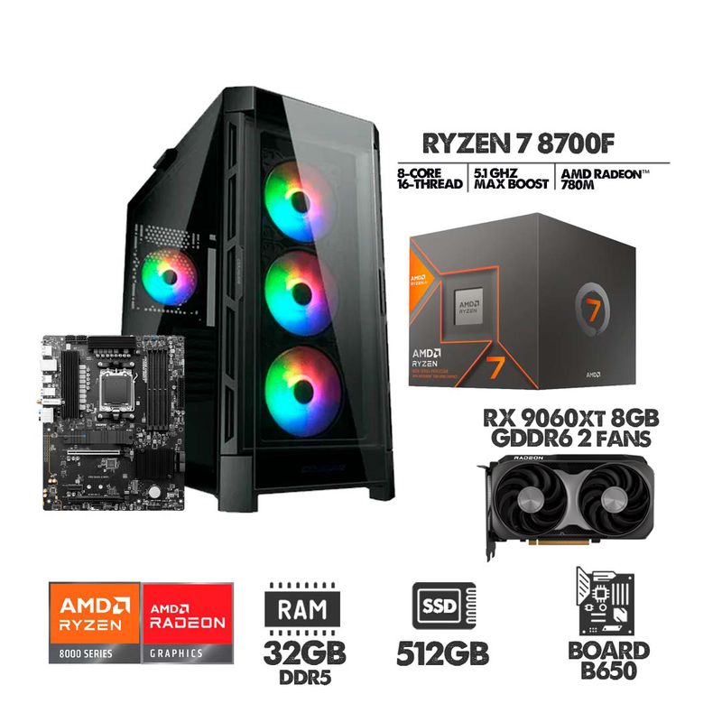 AMD - COMPUTADOR RYZEN 7 8700F - RX 9060XT 8GB - SSD 512GB - 32GB RAM  - CHASIS 4FANS