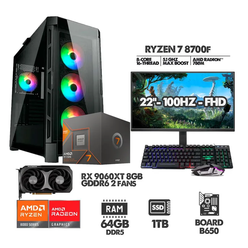 AMD - COMPUTADOR GAMER RYZEN 7 8700F - 64GB RAM - SSD 1TB - RX 9060XT 8GB + MONITOR 22