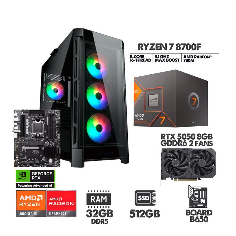 AMD - COMPUTADOR RYZEN 7 8700F - RTX 5050 8GB - SSD 512GB - 32GB RAM  - CHASIS 4FANS