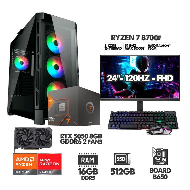 AMD - COMPUTADOR RYZEN 7 8700F - 16GB RAM - SSD 512GB - RTX 5050 8GB + MONITOR 24 120HZ