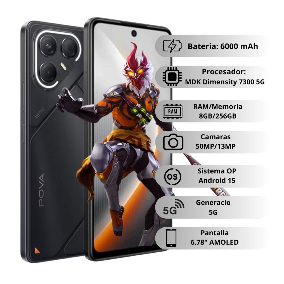 TECNO MOBILE - Celular Tecno POVA 7 5G 256GB/8GB - Negro