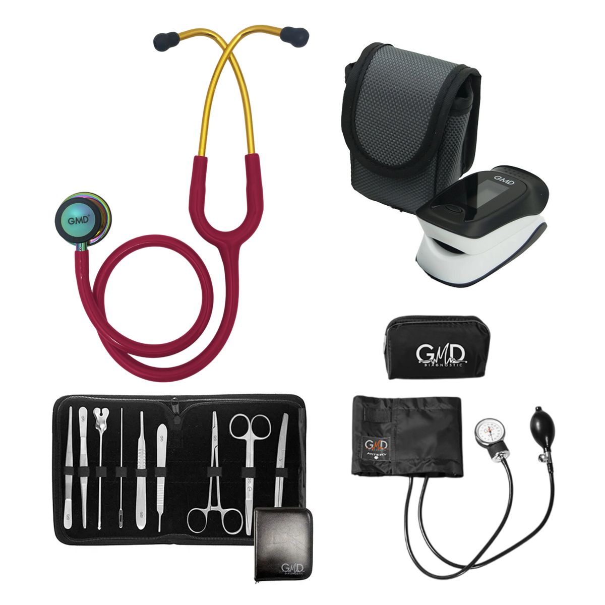 GMD - Fonendoscopio Ois 300 Cherry + Oximetro 500D + Kit de Disección + Tensiometro