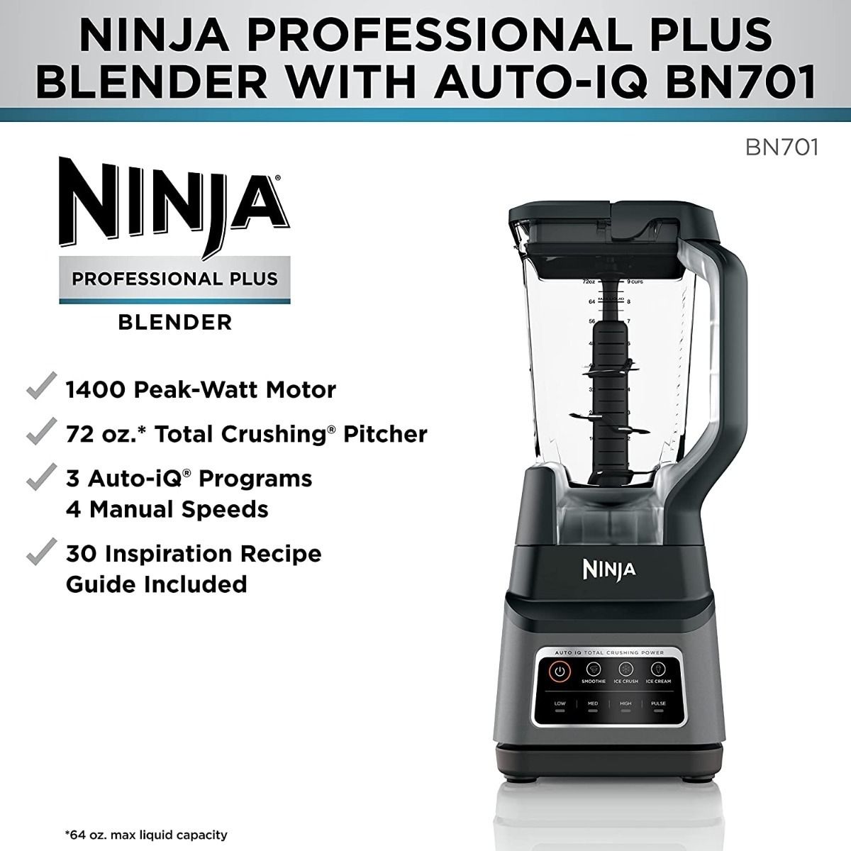 NINJA - Licuadora Ninja Profesional Bn701  Duo Auto-iq Negra