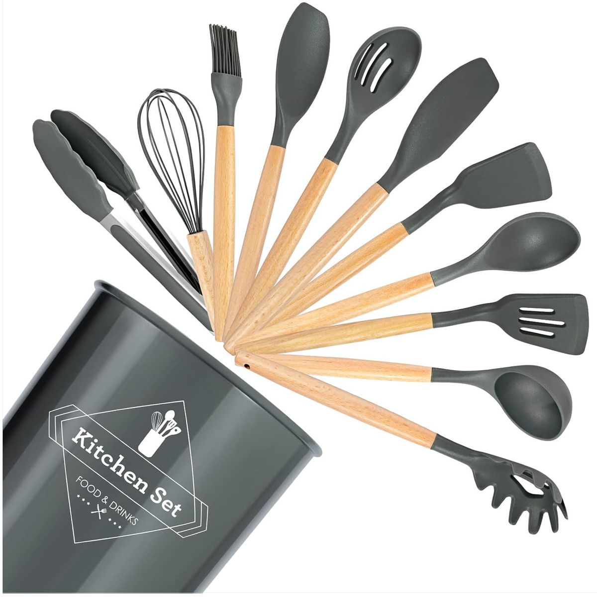 ONE PIXEL - Set Utensilios Para Cocina en Silicona 12 Piezas Mango De Madera Gris