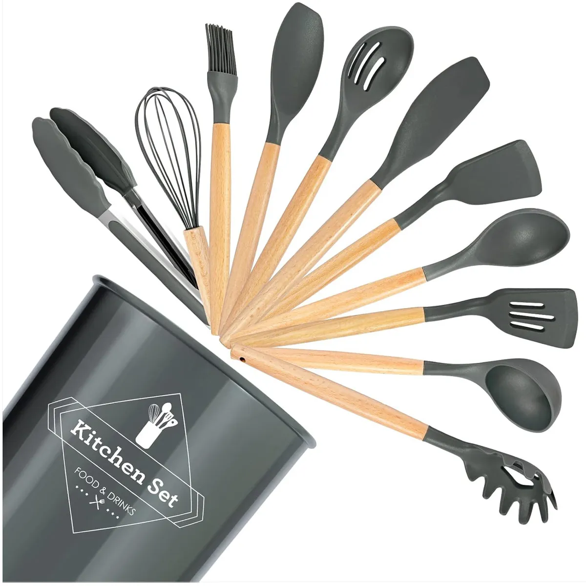 ONE PIXEL - Set Utensilios Para Cocina en Silicona 12 Piezas Mango De Madera Gris
