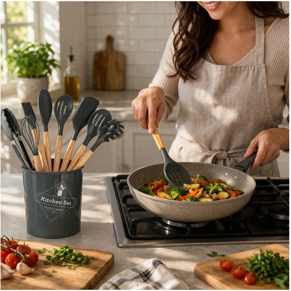 ONE PIXEL - Set Utensilios Para Cocina en Silicona 12 Piezas Mango De Madera Gris