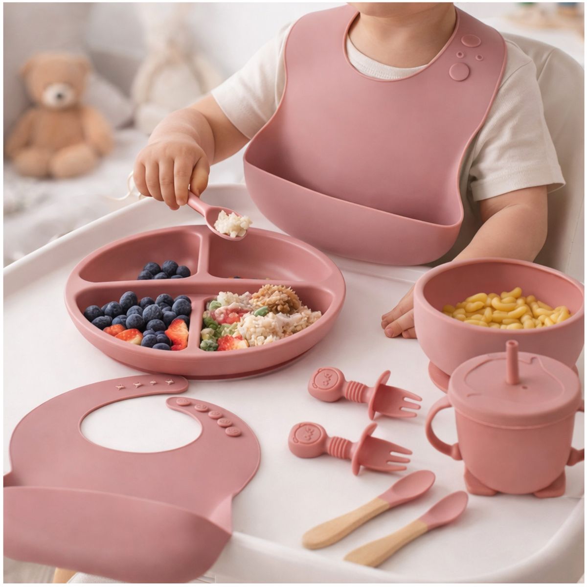 ONE PIXEL - Set Vajilla De Bebe En Silicona X8 Piezas Facil De Limpiar Antideslizante