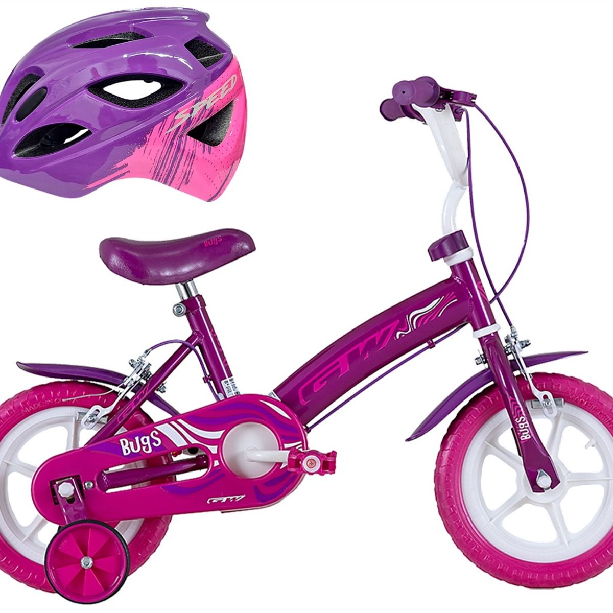 GW - Bicicleta Casco Niño Niña Rin 12 Con Ruedas Auxiliares