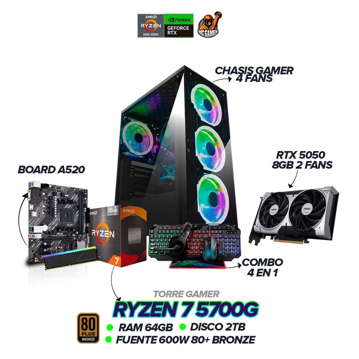 AMD - PC Gamer Ryzen 7 5700G / RTX 5050 8GB / 64GB RAM / 2TB SSD / A520 / 600W 80+