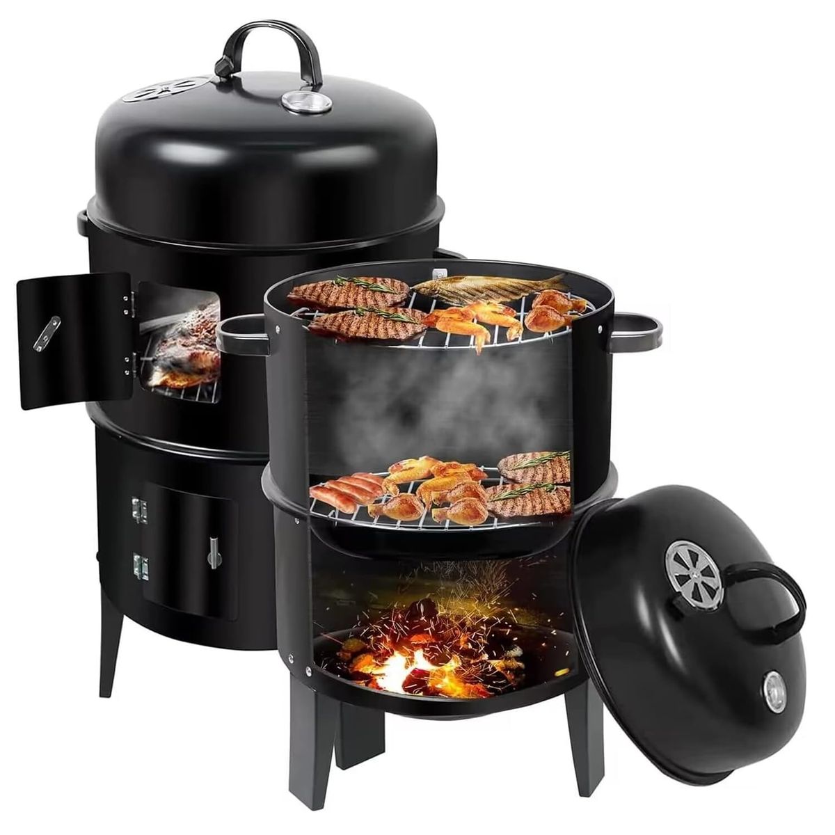 GENERAL - Barril Ahumador Asador 3 en 1 Medidor Temperatura, Altura 83 cm