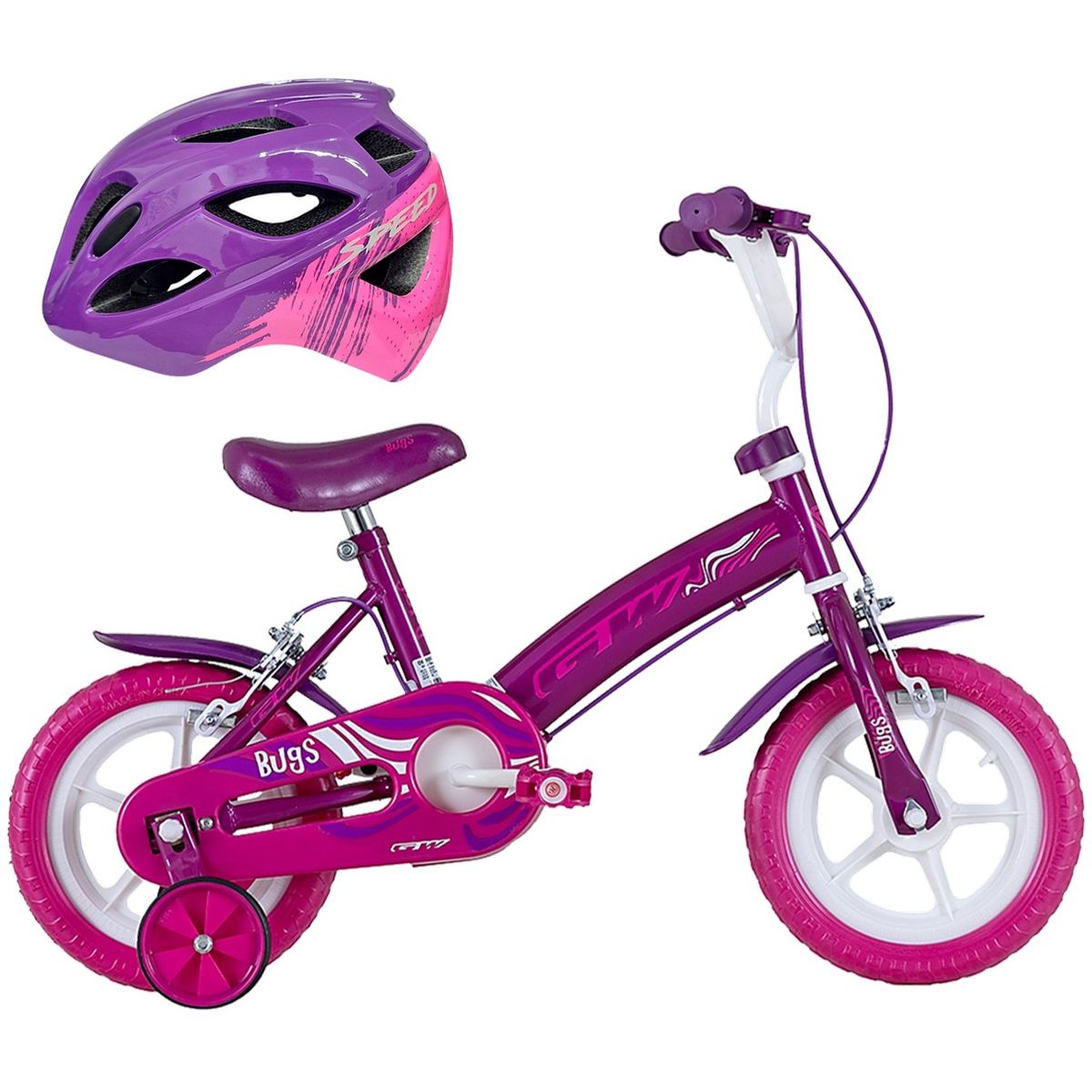 GW - Bicicleta Casco Niño Niña Rin 12 Con Ruedas Auxiliares