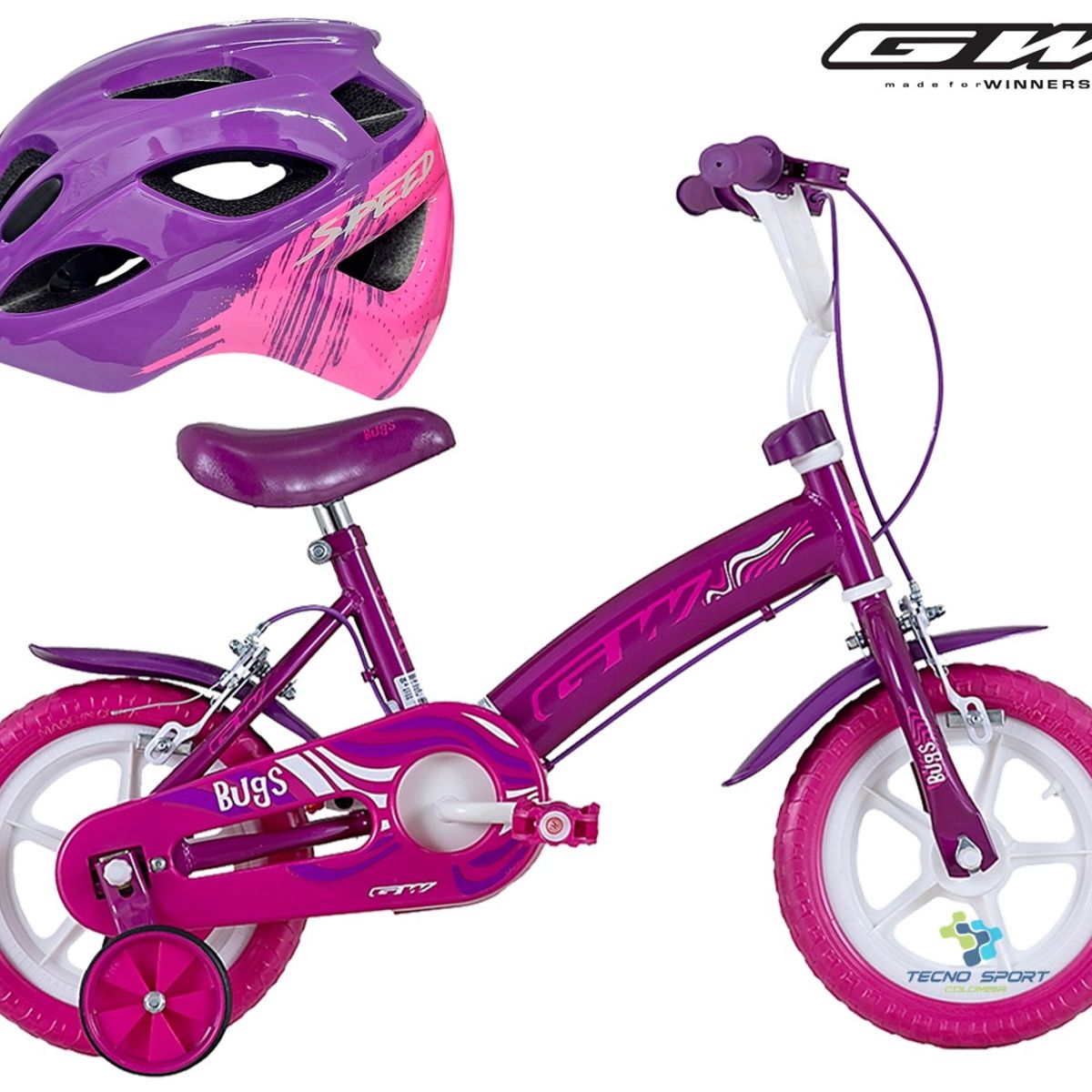 GW - Bicicleta Casco Niño Niña Rin 12 Con Ruedas Auxiliares