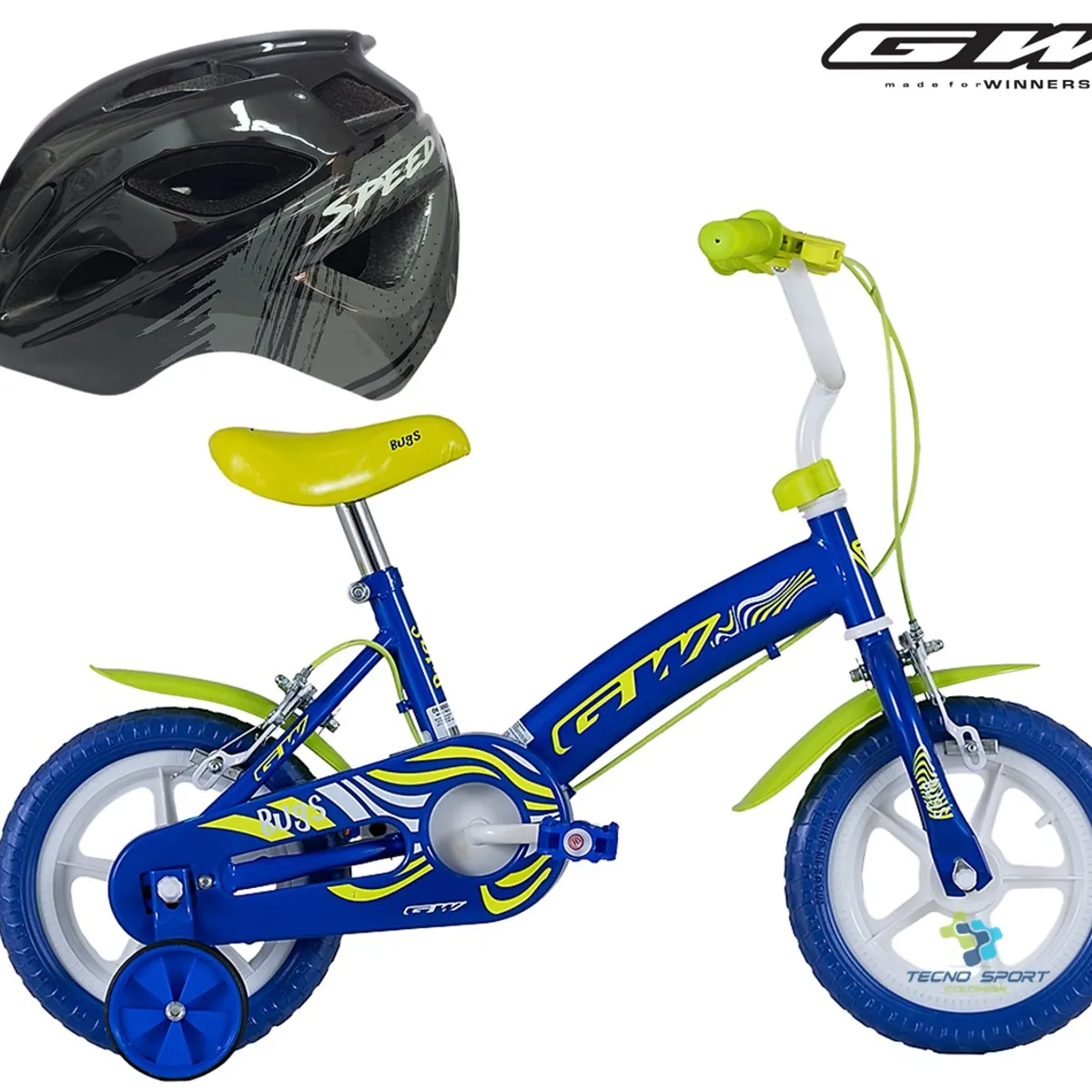 GW - Bicicleta Casco Niño Niña Rin 12 Con Ruedas Auxiliares
