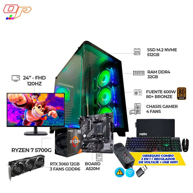 AMD - COMPUTADOR GAMER RYZEN 7 5700G RTX3060 12GB+ MONITOR 24 120HZ RAM 32GB SSD 512GB