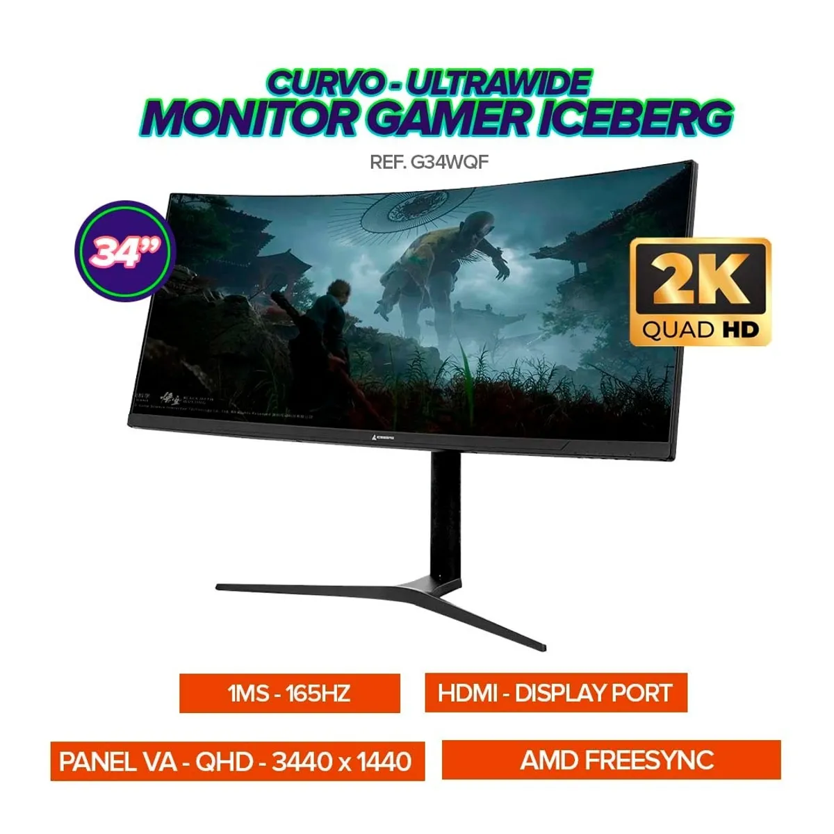 ICEBERG - Monitor Gamer Iceberg G34WQF 34”  Curvo UltraWide  QHD VA  165Hz