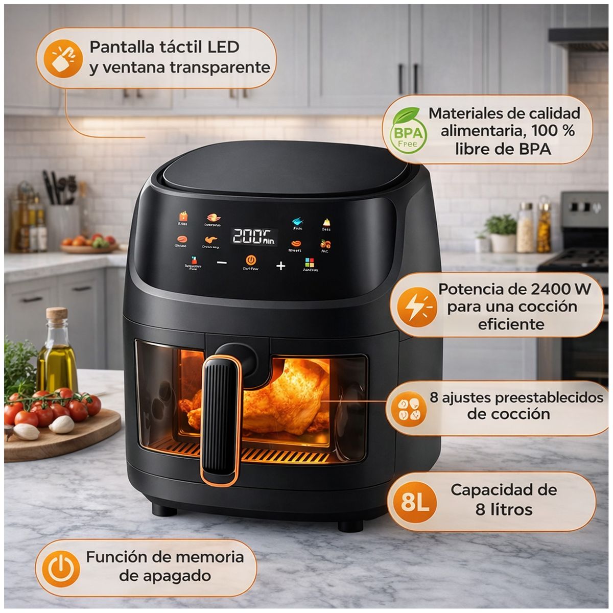 ONE PIXEL - Freidora De Aire Air Fryer 8LTS Pantalla Táctil Sin Aceite