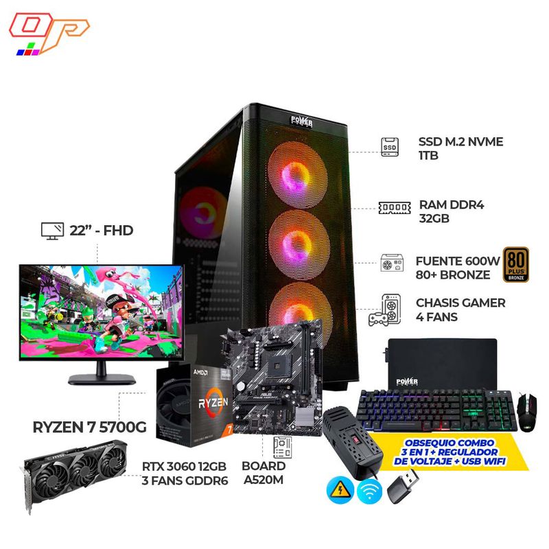 AMD - PC GAMING R7 5700G + RTX 3060 12GB 3FANS+ MONITOR 22" FHD + RAM 32GB + SSD 1TB