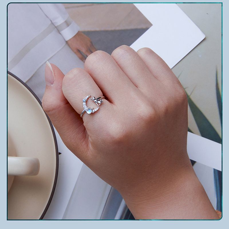 ALHAJAS - Anillo Ajustable Para Mujer Gato Luna Circones En Plata 925
