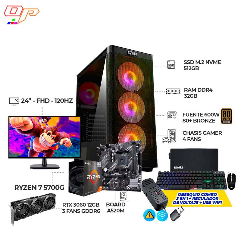 AMD - PC GAMING R7 5700G+ RTX 3060 12GB 3 FANS+ MONITOR 24" 120HZ+ RAM 32GB+ SSD 512GB