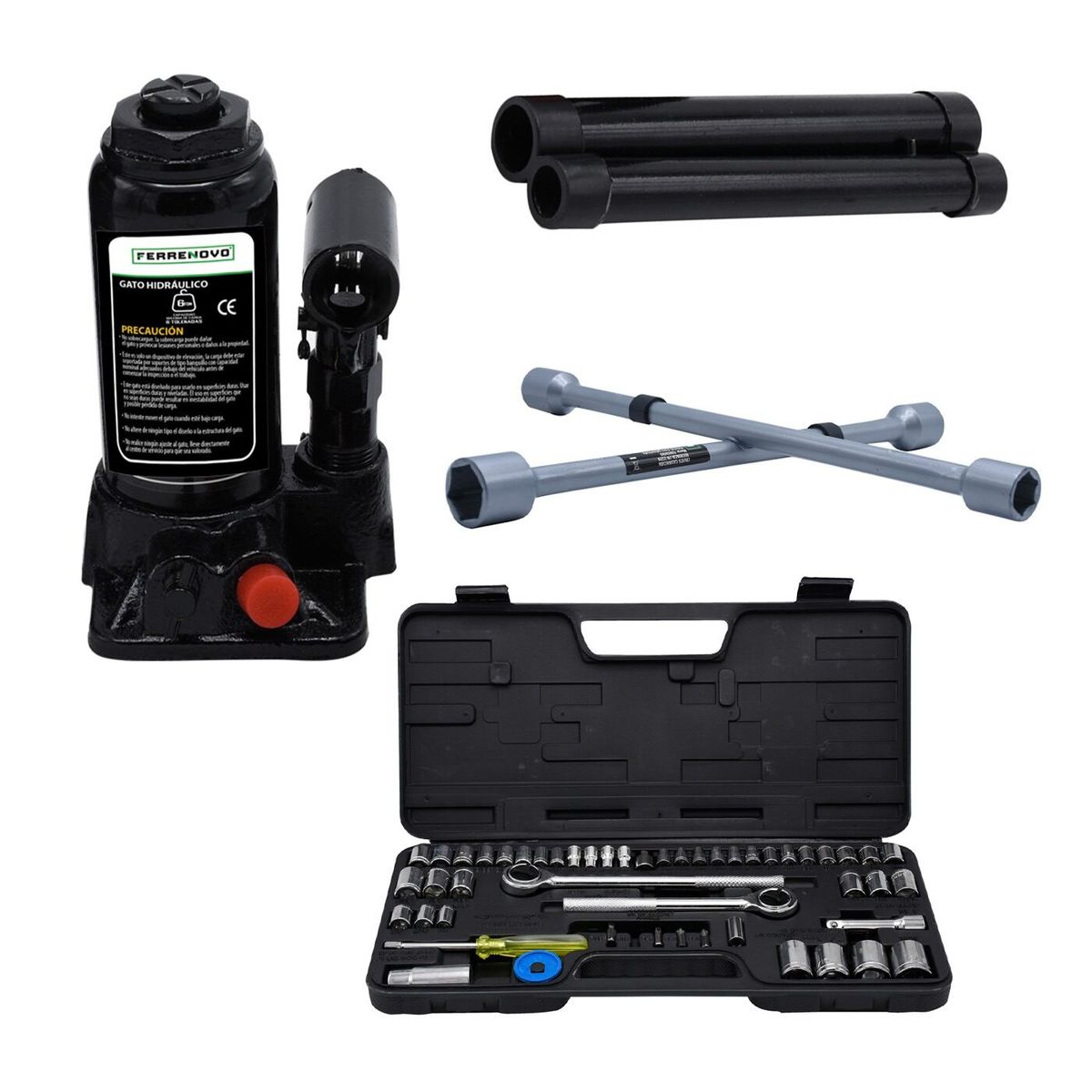 FERRENOVO - Kit Gato Hidráulico 6T + Copas Ratchet 52 Piezas + Cruceta Galvanizada