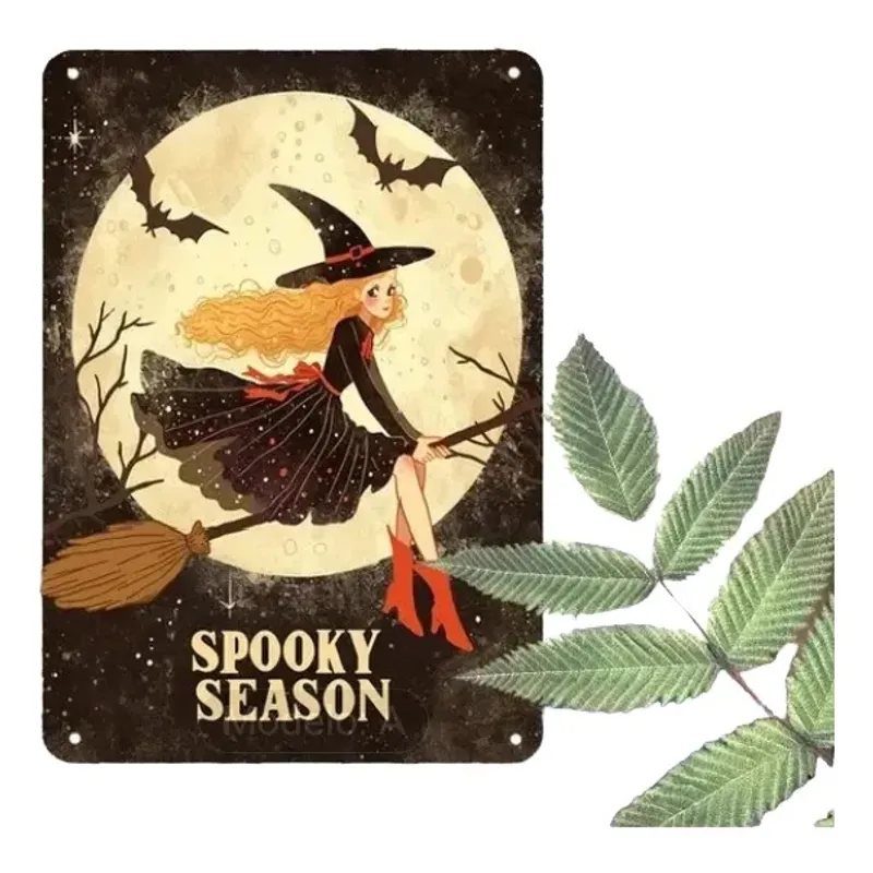 USA - Aviso Metal Retro Vintage Antiguo Pintado Bruja Halloween