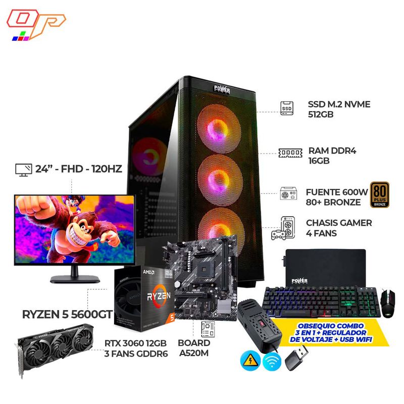 AMD - PC GAMING R5 5600GT+RTX 3060 12GB 3 FANS+ MONITOR 24" 120HZ + RAM 16GB SSD 512GB