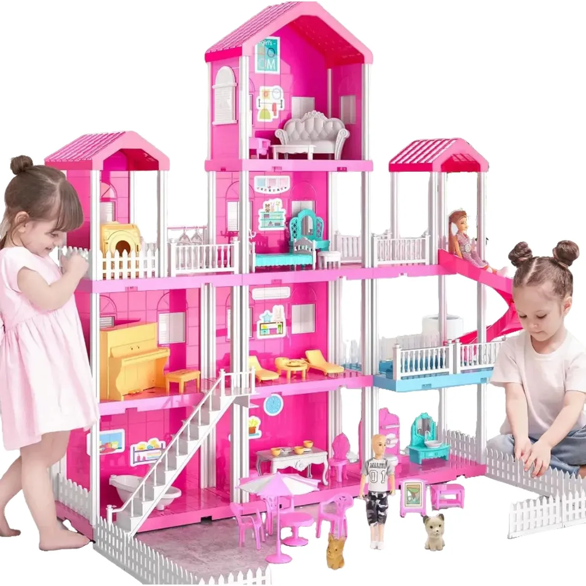 DISTRIONLINE - Casa De Muñecas 4 Pisos Con Luces Muebles y Figuras, 185 Piezas